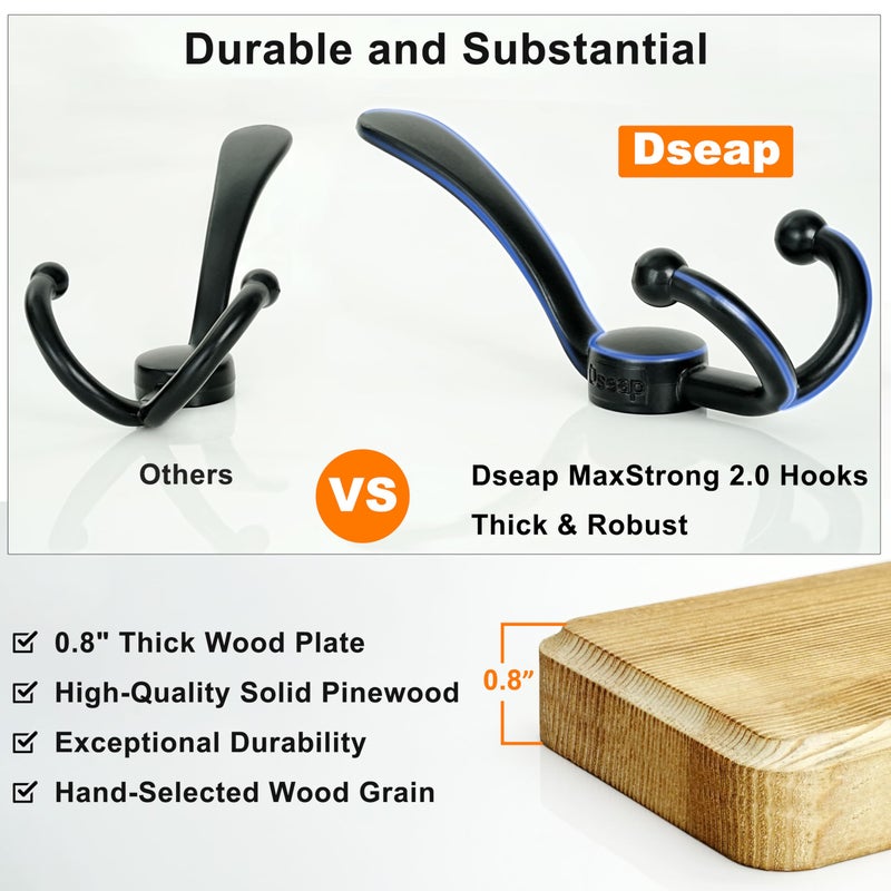 Dseap Coat Rack Wall - Heavy-Duty 38-1/4" Long, with Reinforced 10 Custom Tri-Hooks, Solid Wood Wall Hanger for Coats Hat Jackets - Rustic Farmhouse Entryway Storage, Black, Pack of 2 - Image 3